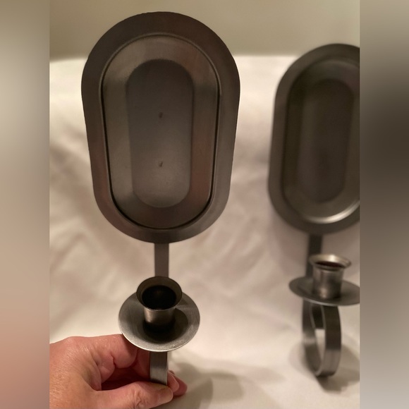 Vintage Pair of Single Taper Pewter Wall Sconces - Picture 3 of 6